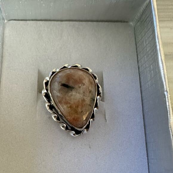 💕 Natural Sunstone Teardrop Gemstone Silver  overlay Ring Size adjustable - Picture 1 of 5